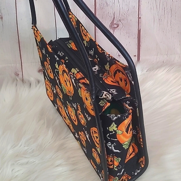 Pumpkin & Ghost Mini Halloween Print Zip Square Shoulder Bag Purse Tote 10" - Picture 7 of 17